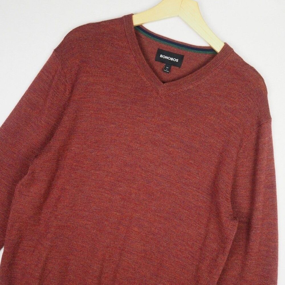 Bonobos Washable Extra Fine Merino Wool V-Neck Sweater Jumper Mens L Brick Red